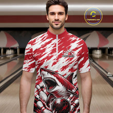 Load image into Gallery viewer, Man wearing a red and white shirt with a shark design in a bowling alley.