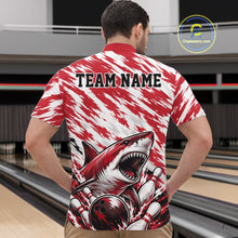 Load image into Gallery viewer, Person wearing a red and white sports jersey with a shark graphic and 'TEAM NAME' text on a bowling alley background.