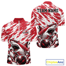 Load image into Gallery viewer, Red and white shark-themed shirt with customizable text on a white background