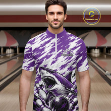 Load image into Gallery viewer, Man wearing a purple and white bowling shirt with shark design in a bowling alley.