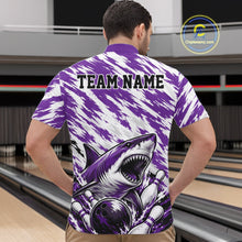 Load image into Gallery viewer, Person wearing a purple and white patterned shirt with a shark design and 'TEAM NAME' text, standing in a bowling alley.
