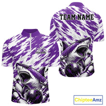 Load image into Gallery viewer, Purple and white shark-themed shirt with customizable text on a white background