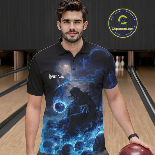 Custom Electric Blue Fire Grim Reaper Bowling Polo Shirts For Men, Halloween Bowling Shirt IPHW9464