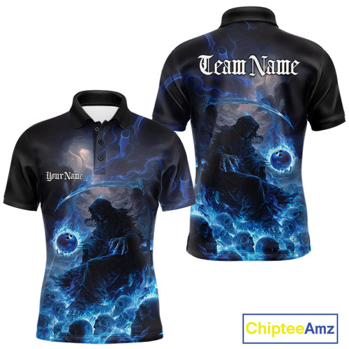 Custom Electric Blue Fire Grim Reaper Bowling Polo Shirts For Men, Halloween Bowling Shirt IPHW9464