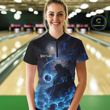 Load image into Gallery viewer, Custom Electric Blue Fire Grim Reaper Bowling Women Quarter-Zip Shirt, Halloween Bowling IPHW9464