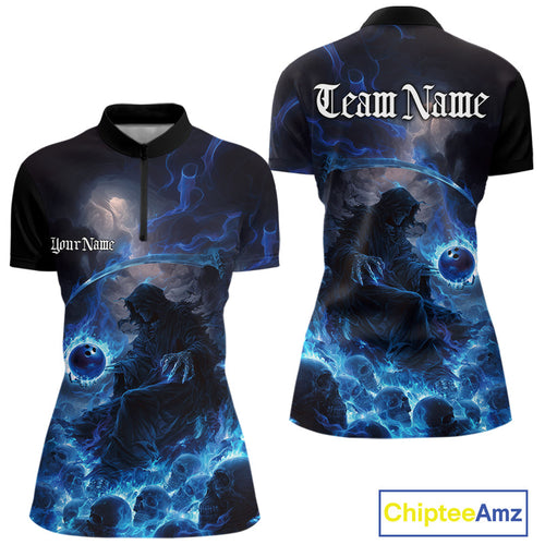 Custom Electric Blue Fire Grim Reaper Bowling Women Quarter-Zip Shirt, Halloween Bowling IPHW9464