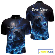 Load image into Gallery viewer, Custom Electric Blue Fire Grim Reaper Bowling Quarter-Zip Shirts For Men, Halloween Bowling Shirt IPHW9464