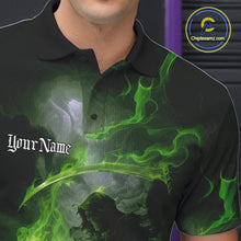 Load image into Gallery viewer, Custom Electric Green Fire Grim Reaper Bowling Polo Shirts For Men, Halloween Bowling Shirt IPHW9465