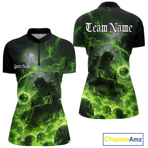 Custom Electric Green Fire Grim Reaper Bowling Women Quarter-Zip Shirt, Halloween Bowling IPHW9465
