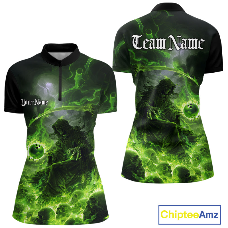 Custom Electric Green Fire Grim Reaper Bowling Women Quarter-Zip Shirt, Halloween Bowling IPHW9465