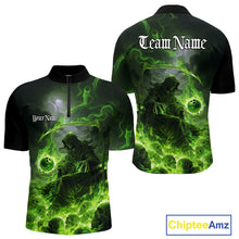 Load image into Gallery viewer, Custom Electric Green Fire Grim Reaper Bowling Men Quarter-Zip Shirts, Halloween Bowling Shirt IPHW9465