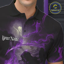 Load image into Gallery viewer, Custom Purple Fire Grim Reaper Bowling Polo Shirts For Men, Halloween Bowling Shirt IPHW9466