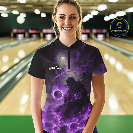 Custom Purple Fire Grim Reaper Bowling Women Quarter-Zip Shirts, Halloween Bowling Shirt IPHW9466
