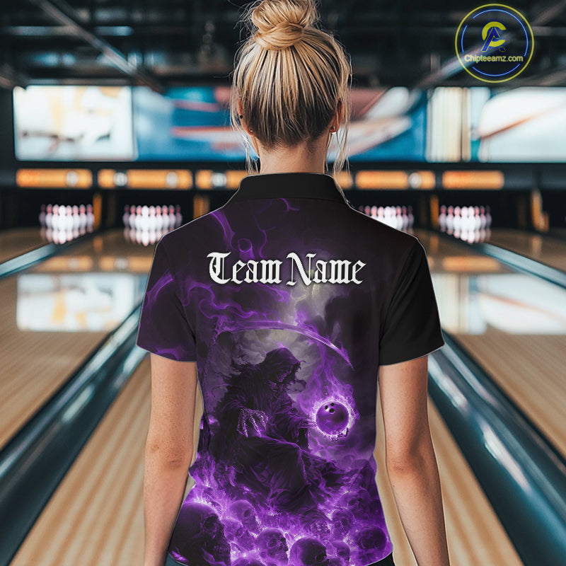 Custom Purple Fire Grim Reaper Bowling Women Quarter-Zip Shirts, Halloween Bowling Shirt IPHW9466