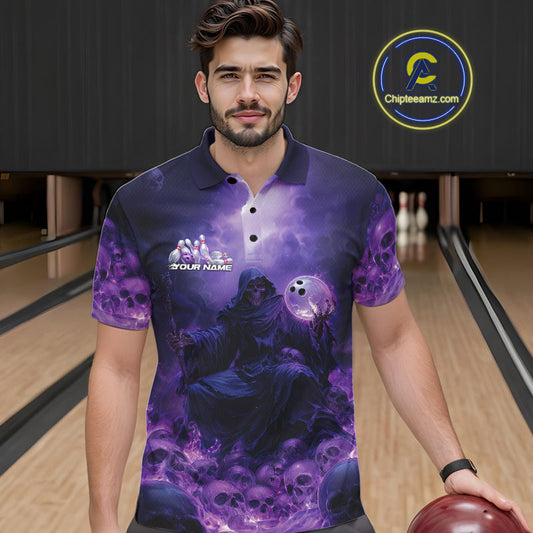 Custom Blue And Purple Flame Bowling Skull Polo Shirts For Men, Halloween Bowling Outfits IPHW9467