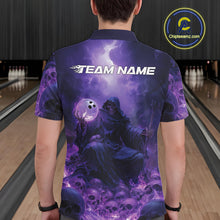 Load image into Gallery viewer, Custom Blue And Purple Flame Bowling Skull Polo Shirts For Men, Halloween Bowling Outfits IPHW9467