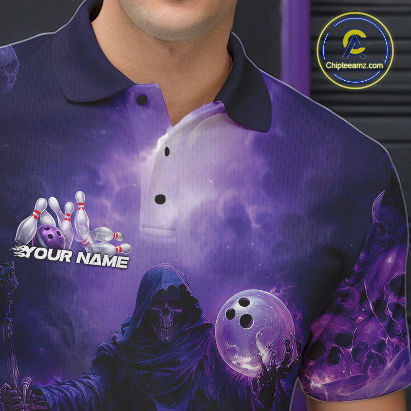 Custom Blue And Purple Flame Bowling Skull Polo Shirts For Men, Halloween Bowling Outfits IPHW9467