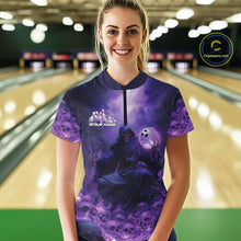 Load image into Gallery viewer, Custom Blue And Purple Flame Bowling Skull Women Quarter-Zip Shirt, Halloween Bowling IPHW9467
