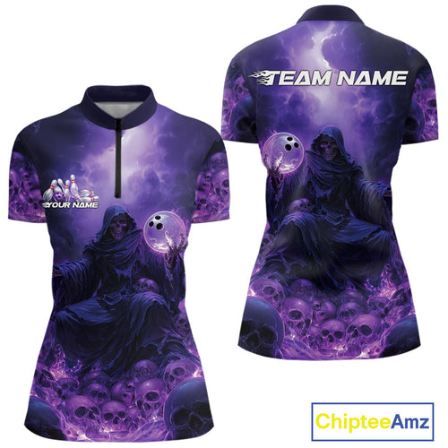 Custom Blue And Purple Flame Bowling Skull Women Quarter-Zip Shirt, Halloween Bowling IPHW9467