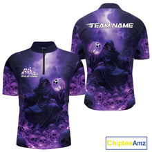 Load image into Gallery viewer, Custom Blue And Purple Flame Bowling Skull Quarter-Zip Shirts For Men, Halloween Bowling Outfits IPHW9467