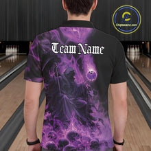 Load image into Gallery viewer, Custom Purple Flame Skull Bowling Polo Shirts, Purple Smoke Bowling Hallween Outfit IPHW9470