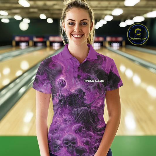 Custom Purple Flame Skull Bowling Polo Shirts, Purple Smoke Bowling Hallween Outfit IPHW9471