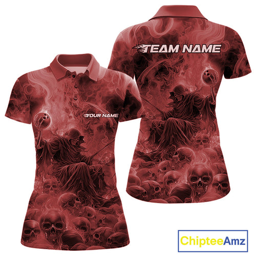 Custom Red Flame Skull Bowling Polo Shirts, Red Smoke Bowling Hallween Outfit IPHW9472