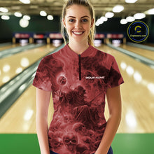 Load image into Gallery viewer, Custom Red Flame Skull Bowling Quarter-Zip Shirts, Red Smoke Bowling Hallween Outfit IPHW9472
