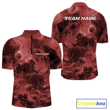 Load image into Gallery viewer, Custom Red Flame Skull Bowling Quarter-Zip Shirts, Red Smoke Bowling Hallween Outfit IPHW9472