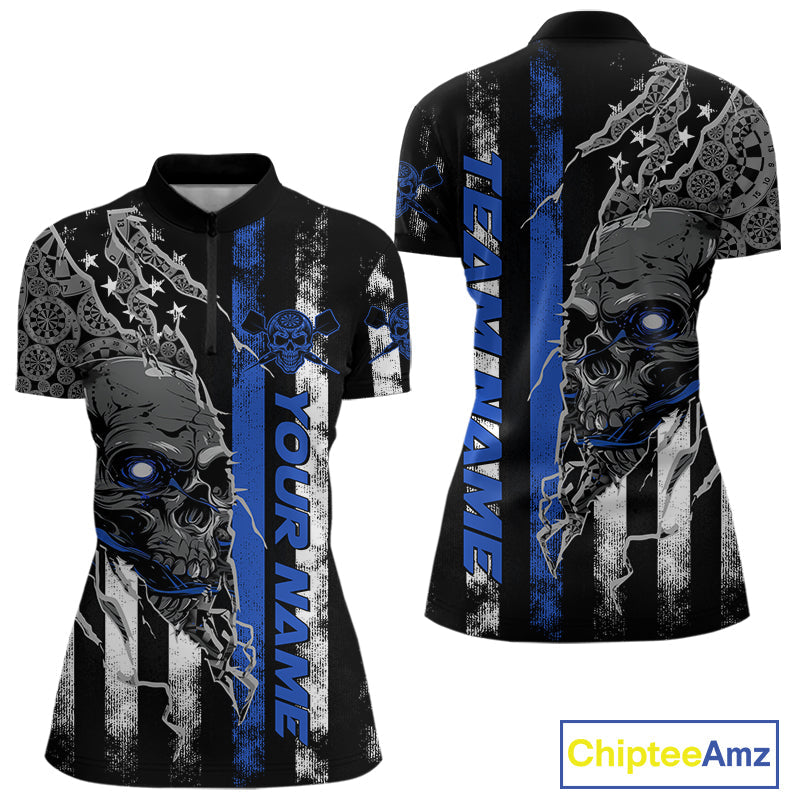 Custom Blue Line US Flag Patriotic Skull Dart Women Quarter-Zip Shirts, Halloween Outfit IPHW9692