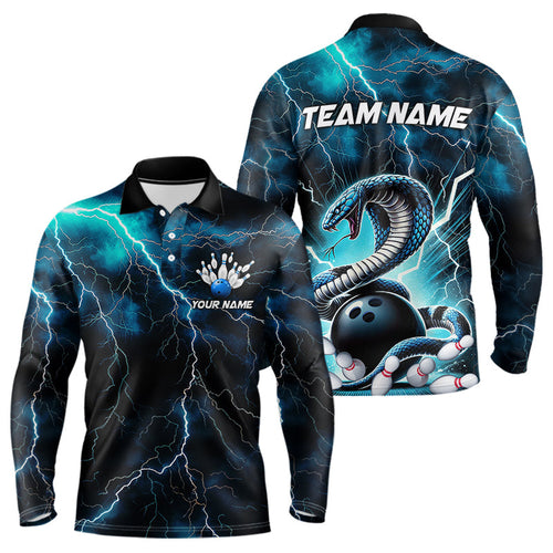 Blue Thunder Lightning Custom Cobra Snake Bowling Men Long Sleeve Polo Shirts, Bowling Team Shirt IPHW7423