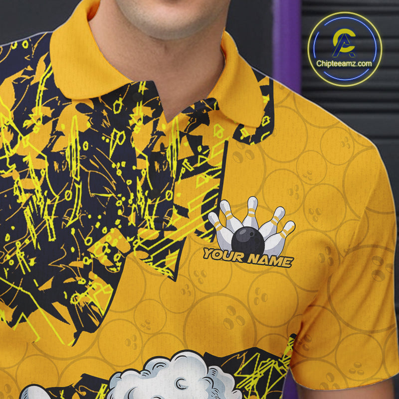 Custom Funny Bowling Beer Men Polo Shirts, Yellow Camo Bowling Ball Pattern Bowling Jersey IPHW9825