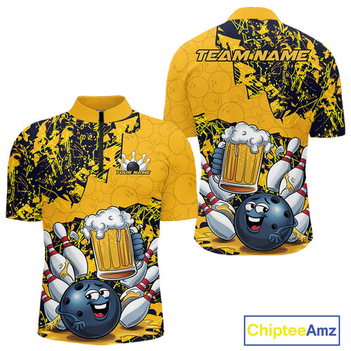 Custom Funny Bowling Beer Men Quarter-Zip Shirts, Yellow Camo Bowling Ball Pattern Bowling Jersey IPHW9825