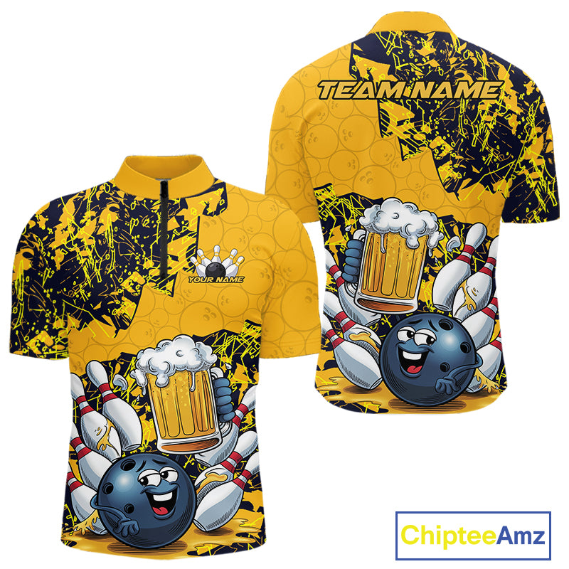 Custom Funny Bowling Beer Men Quarter-Zip Shirts, Yellow Camo Bowling Ball Pattern Bowling Jersey IPHW9825