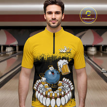 Load image into Gallery viewer, Custom Black And Yellow Funny Bowling Ball Drinking Beer Party Bowling Quarter-Zip Shirts For Men IPHW9826