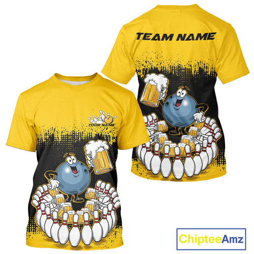 Custom Black And Yellow Funny Bowling Ball Drinking Beer Party Bowling T-Shirts For Men IPHW9826