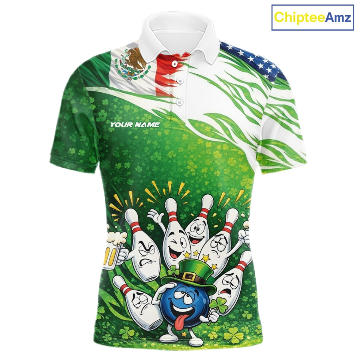 Custom Funny St Patricks Day Bowling Team Shirt, Mexican American Flag Shamrock Theme Bowling Jerseys IPHW10447