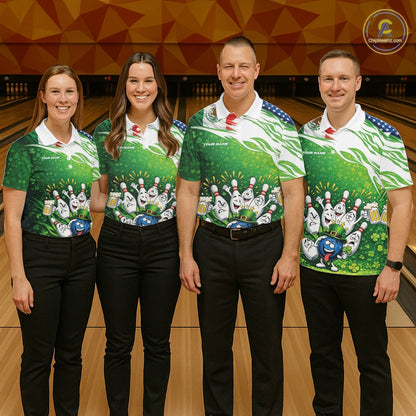 Custom Funny St Patricks Day Bowling Team Shirt, Mexican American Flag Shamrock Theme Bowling Jerseys IPHW10447