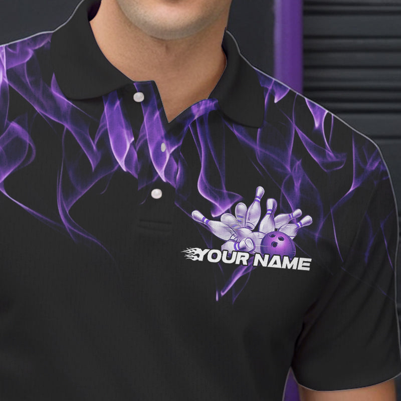 Custom Black And Purple Flame Cobra Snake Bowling Polo Shirts For Men, Bowling Team Uniform IPHW8569