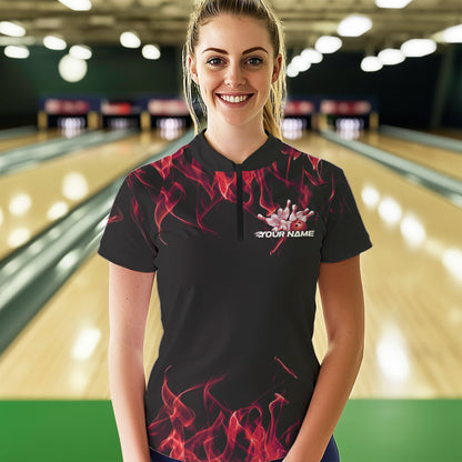 Custom Black And Red Flame Cobra Snake Bowling Womens Quarter-Zip Shirts, Team Uniform IPHW8570