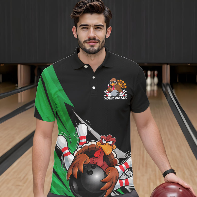 Black And Green Custom Funny Turkey Thanksgiving Bowling Team Polo Shirts For Men IPHW8876