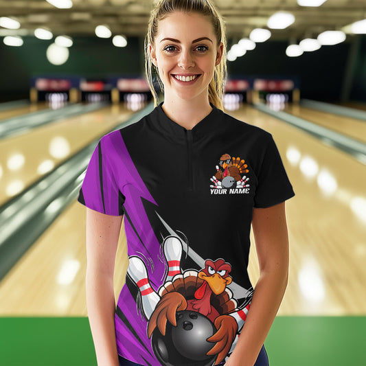 Black And Purple Custom Funny Turkey Thanksgiving Bowling Team Quarter-Zip Shirts For Women IPHW8877