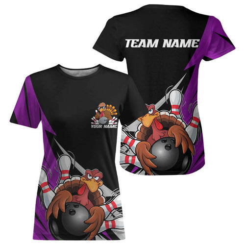 Black And Purple Custom Funny Turkey Thanksgiving Bowling Team T-Shirts For Women IPHW8877