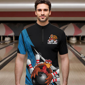 Black And Blue Custom Funny Turkey Thanksgiving Bowling Team Quarter-Zip Shirts For Men IPHW8878