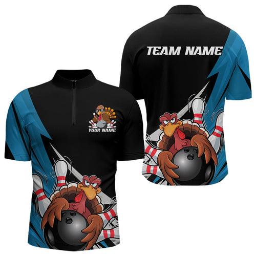 Black And Blue Custom Funny Turkey Thanksgiving Bowling Team Quarter-Zip Shirts For Men IPHW8878
