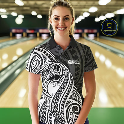 Custom Black And White Maori Style Koru Spiral Tribal Women Bowling Polo Team Shirt IPHW10949
