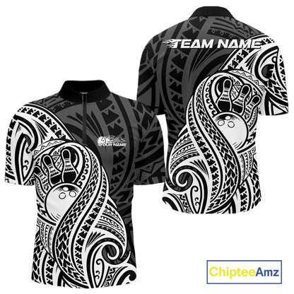 Custom Black And White Maori Style Koru Spiral Tribal Men Bowling Quarter-Zip Team Shirt IPHW10949