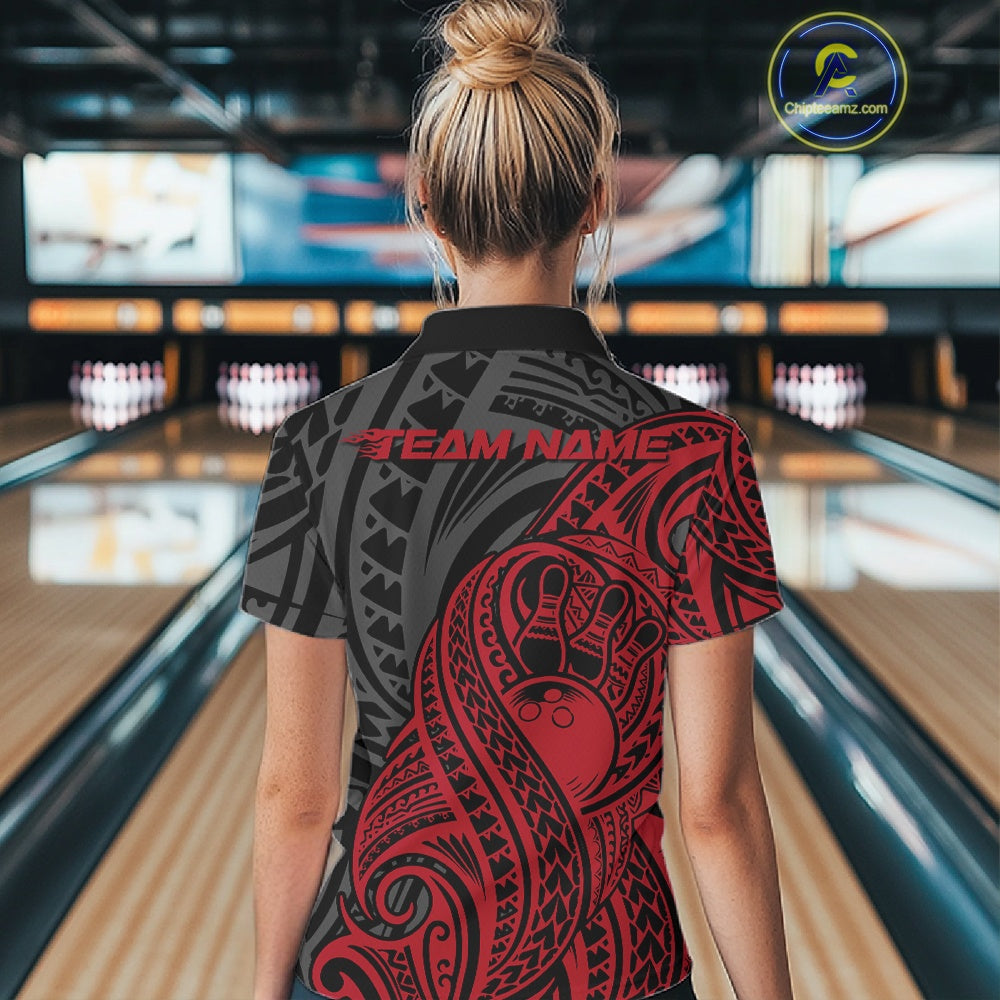 Custom Black And Red Maori Style Koru Spiral Tribal Women Bowling Polo Team Shirt IPHW10950