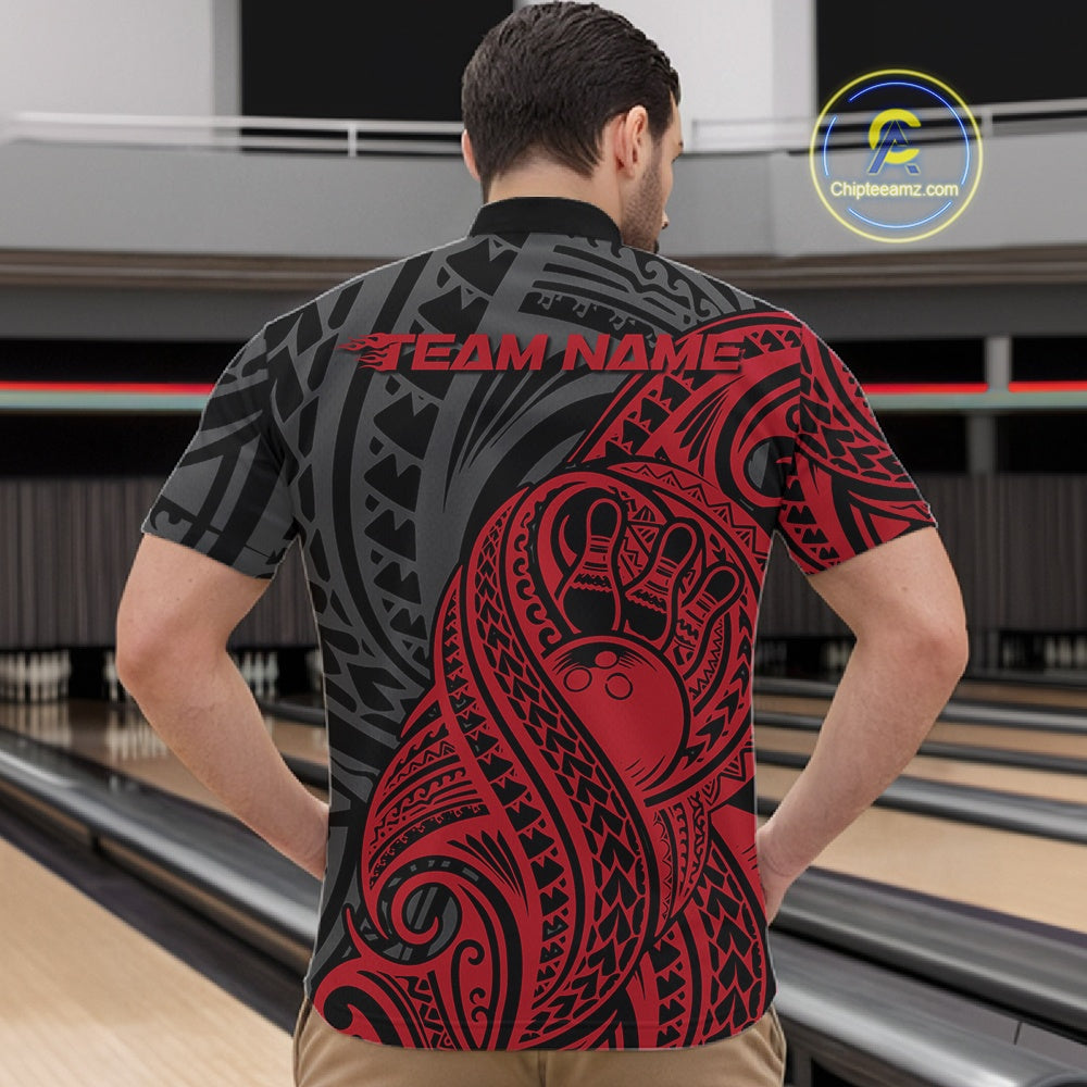 Custom Black And Red Maori Style Koru Spiral Tribal Men Bowling Quarter-Zip Team Shirt IPHW10950