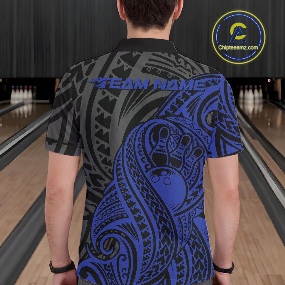 Custom Black And Blue Maori Style Koru Spiral Tribal Men Bowling Polo Team Shirt IPHW10952